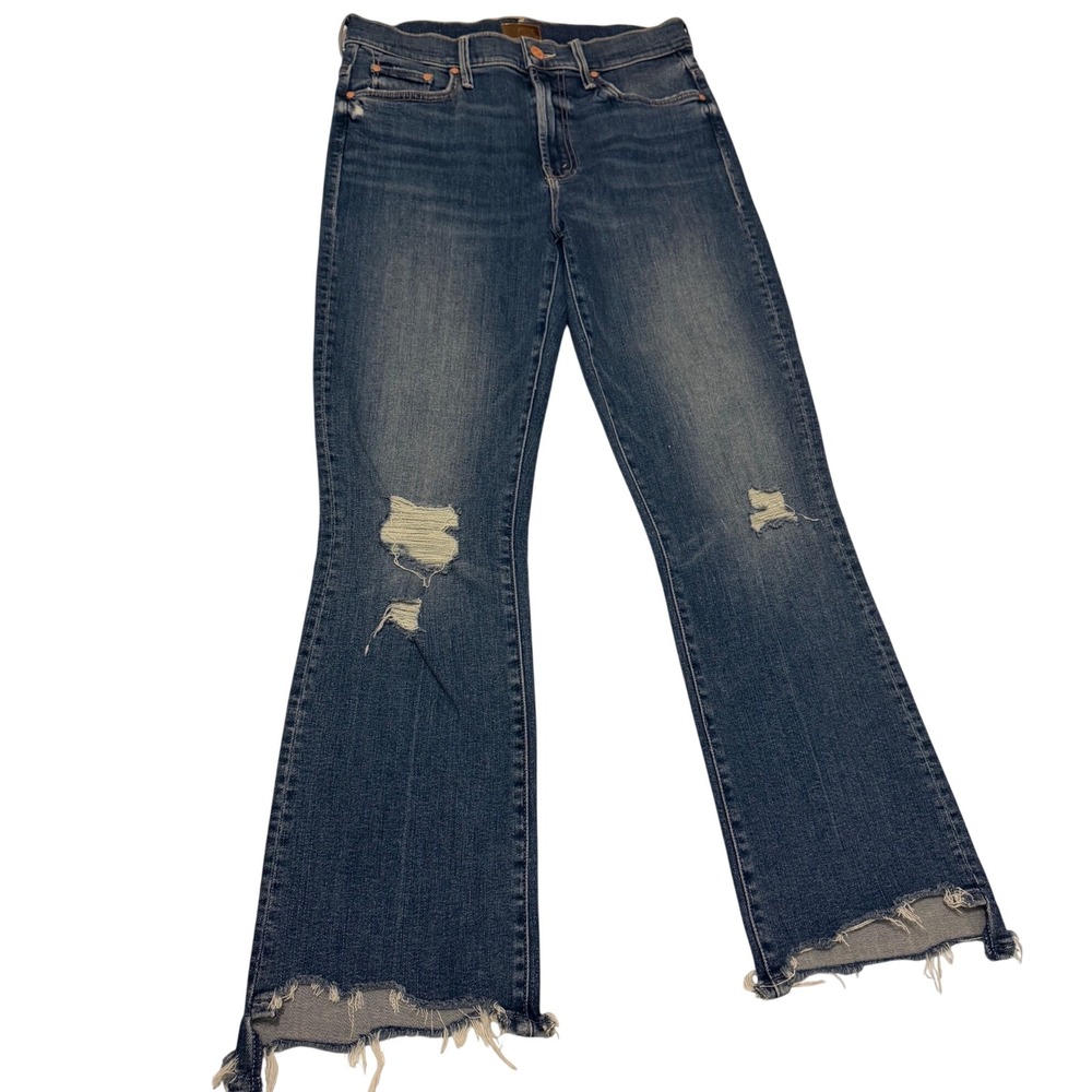 Mother The Insider Crop Step Chew Jeans Dancing On Coals Blue Distressed 28
